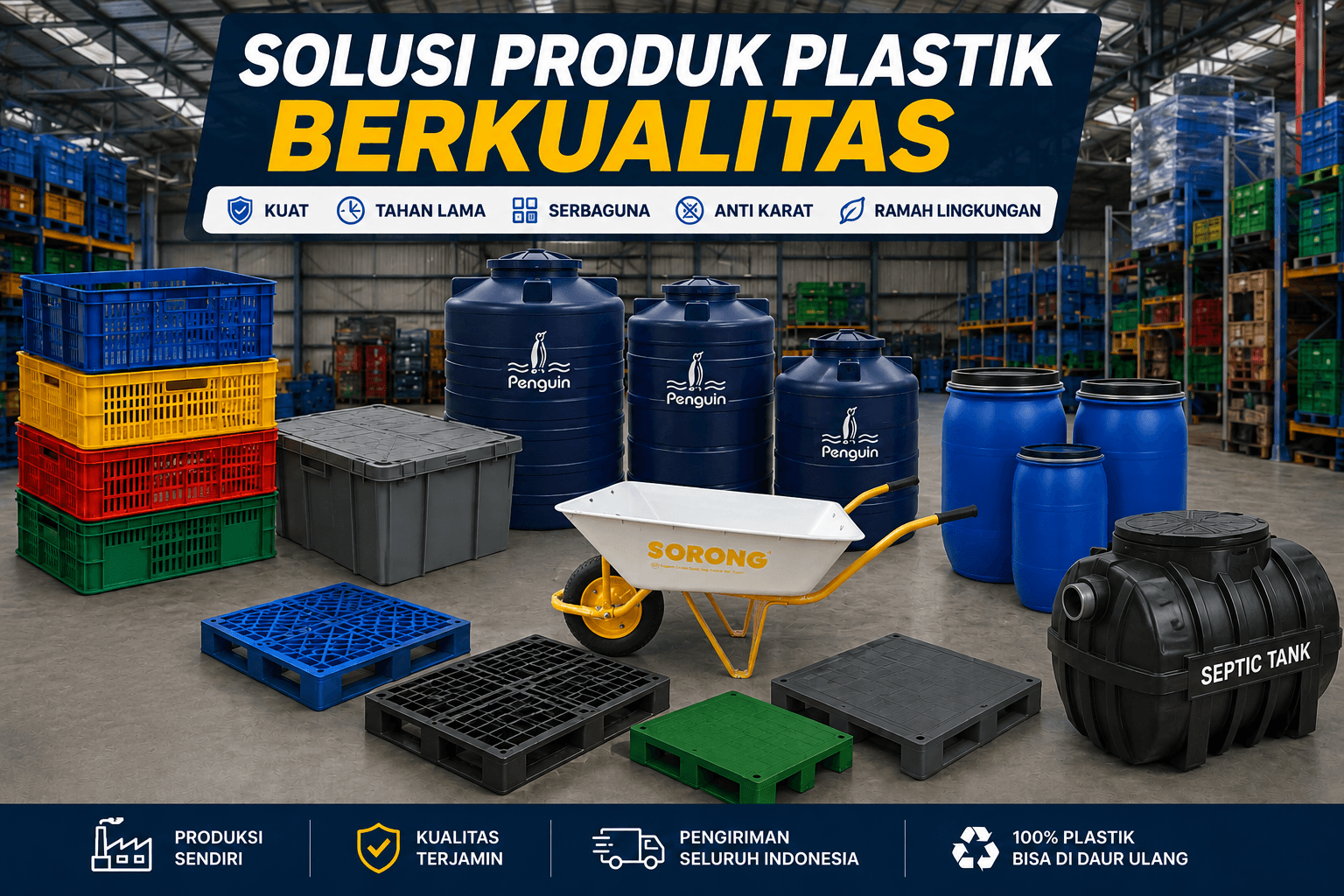Distributor Keranjang Box Plastik, Pallet Plastik Industri, Cool Box, Tangki Air, Kereta Sorong, Septic Tank & Pintu PVC Premium Kota Medan | Bintang Abadi Plastik